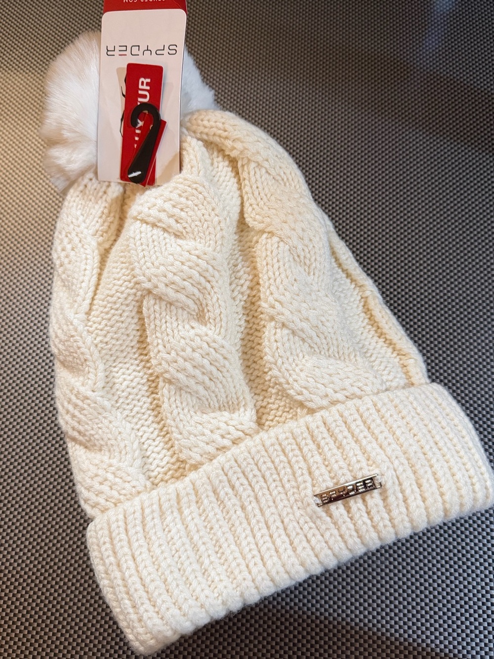 NWT Spyder Women's Cream Cable Knit Pom Beanie with Callout
